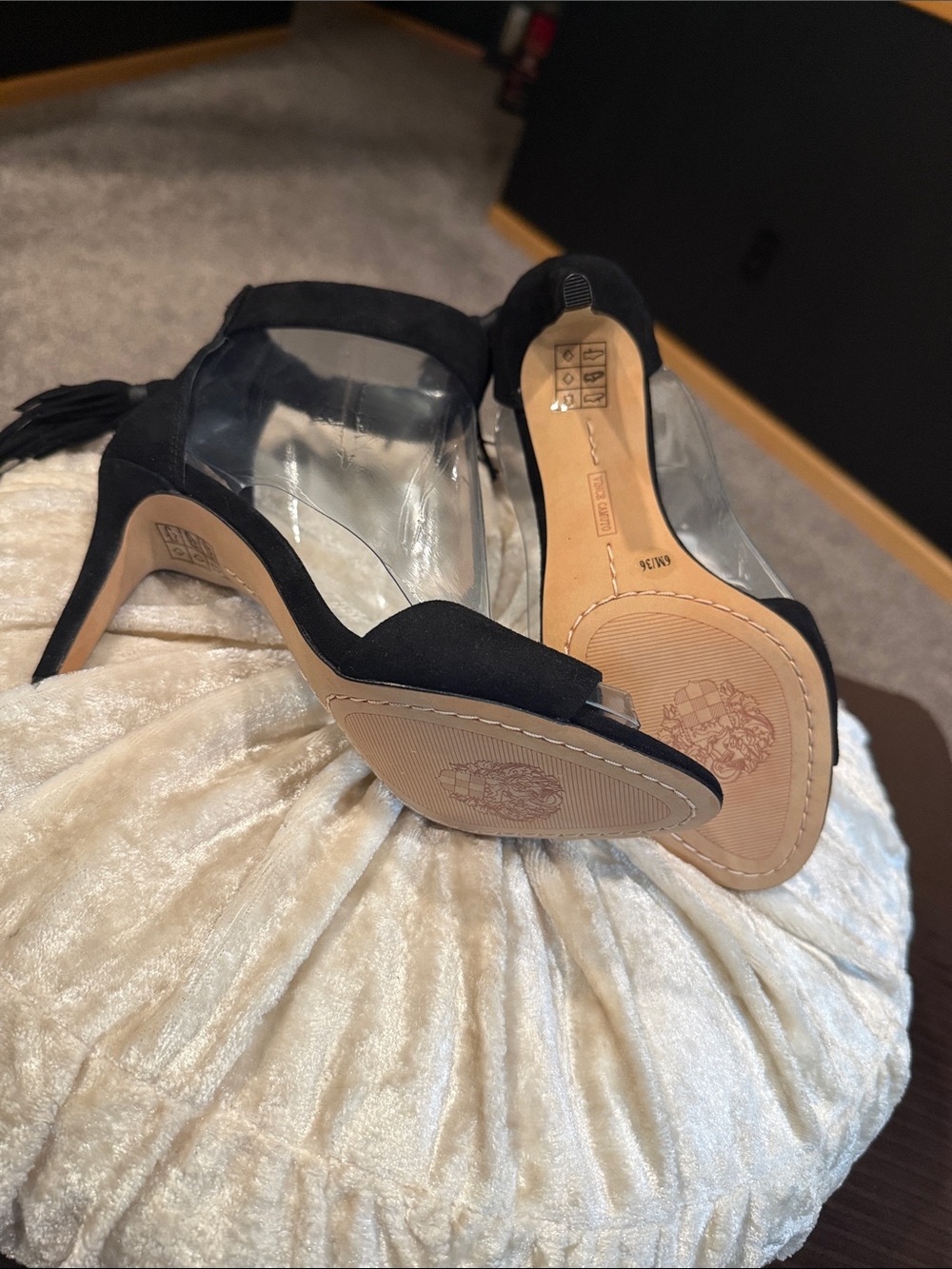 Vince Camuto Black Suede Open-Toe Tassel Heels - Picture 3 of 4
